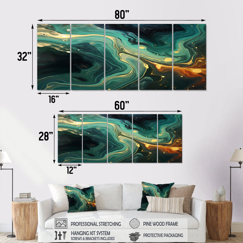 «Abstract Green and Gold Marble River I», art abstrait en marbre 5 pièces, H 32 po x l 80 po
