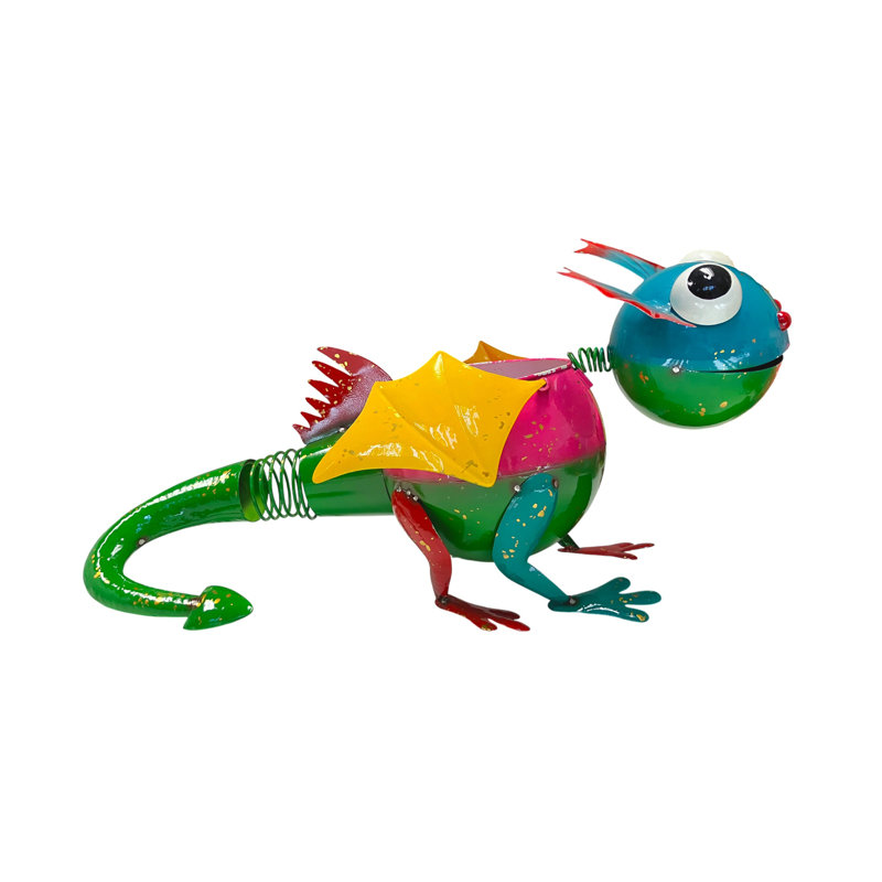 Guille Metal Flying Dragon Lizard Statue Planter, Green/Pink/Multicolor