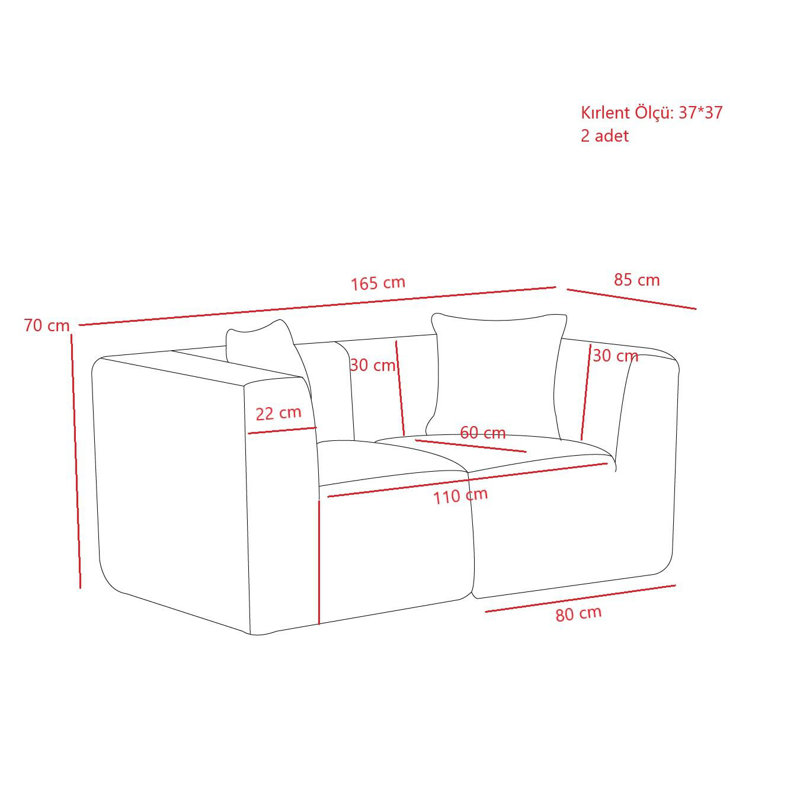 Canapé 2 places, H 33,46 po x l 64,96 po x P 27,56 po, 2, Gris