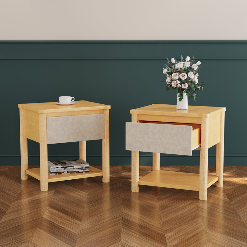 Ensemble de 2 tables de chevet polyvalentes en bois d'hévéa robuste pour les petits espaces, Naturel / Beige