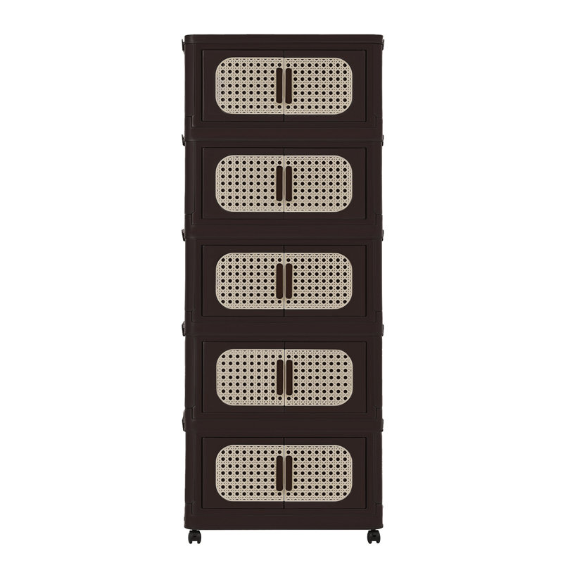 Retro Brown, armoire de rangement pliante latérale de 20 po de large, 5 niveaux, 19,69 po x 11,81 po x 50,00 po, bacs de rangement pliables avec porte magnétique, armoire de rangement en plastique avec roues