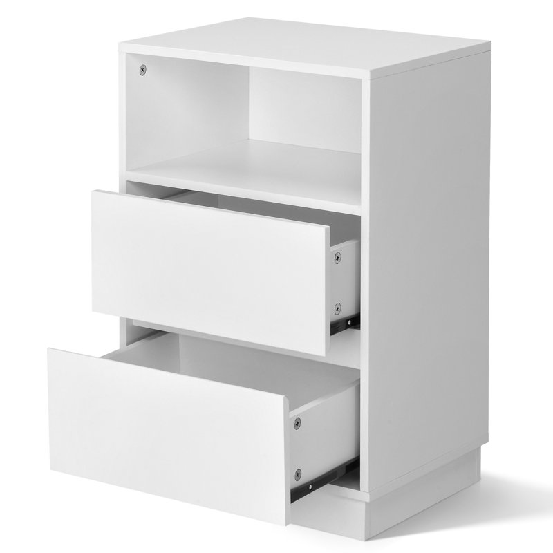 15.7" White Nightstand, P2 Particleboard, Matte Melamine, Beveled Drawer, 2 Drawers, White