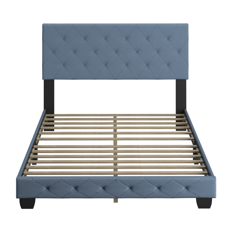 Full Blue Linen Upholstered Platform Bed with Tufted Headboard