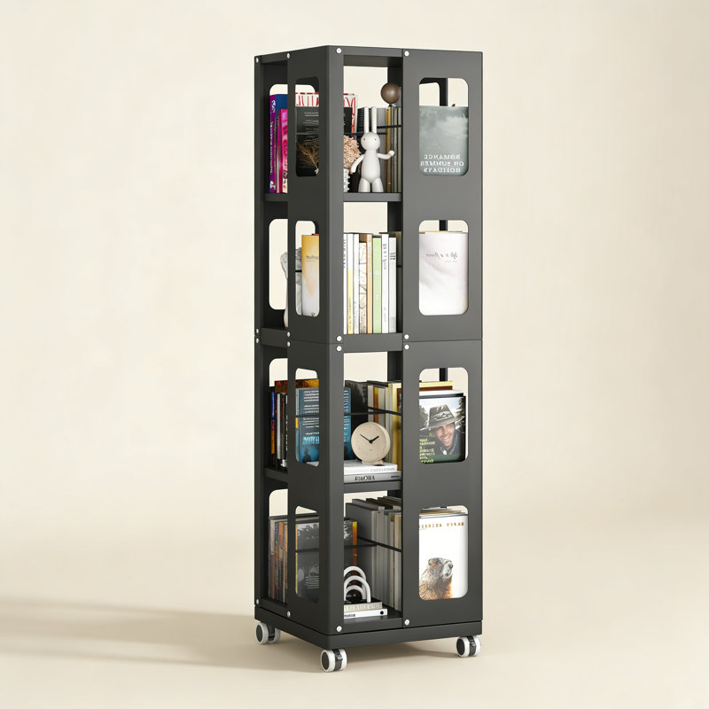 4-Tier Steel Rotating Bookshelf with 360° Wheels, Large Size Book Rack, Black