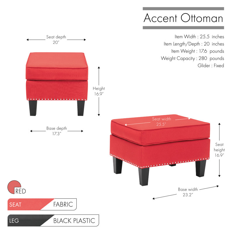 Yuki Fabric Upholstered Ottoman with Plastic Legs, Red