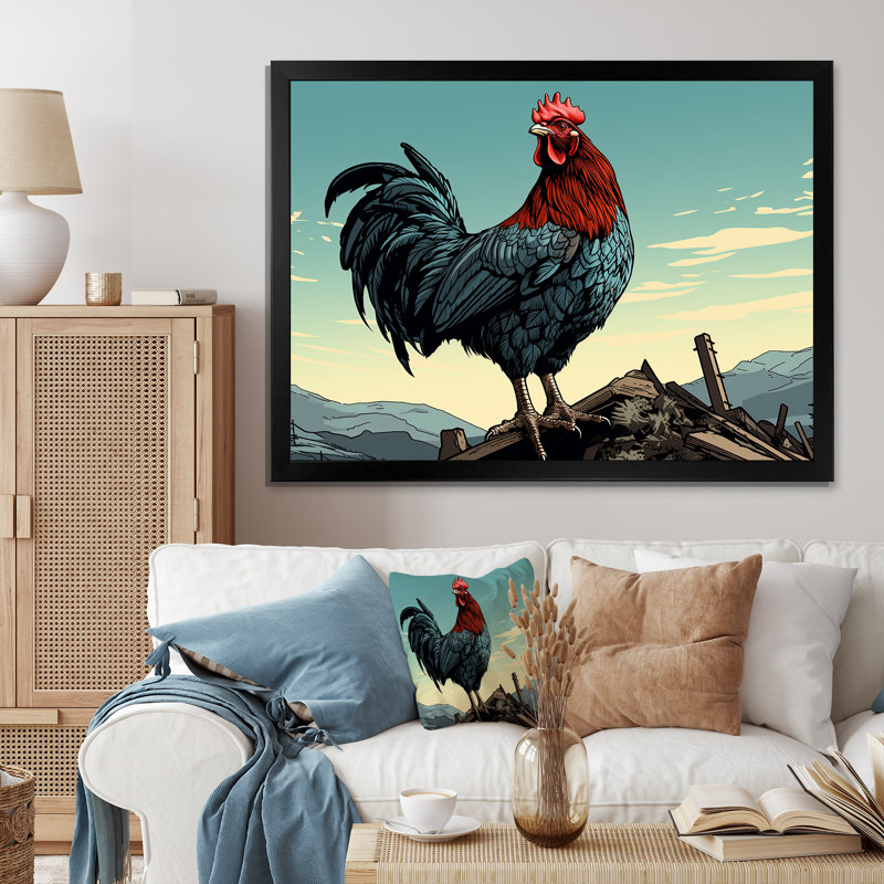 Coq à la ferme, lever de soleil, Cadre d'angle fermé noir, H 16 po x l 32 po x P 1 po