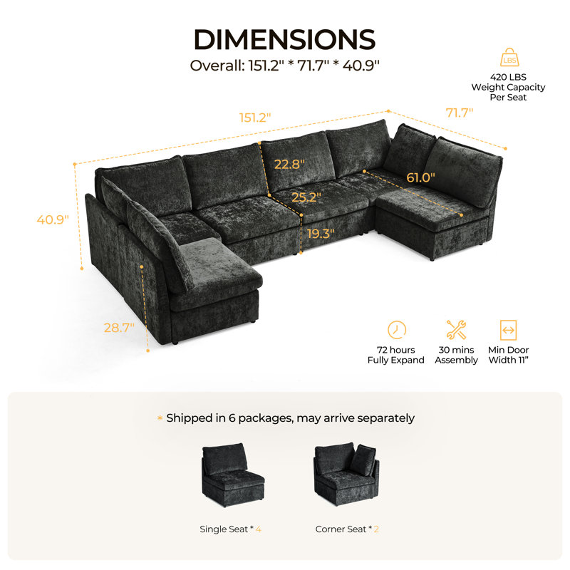 6-seater Oversized Modular Sofa Comfy Cloud Couch With Storage Chenille Deep Convertible Sectional Sleeper Sofa Bed Pet Friendly Covers Washable