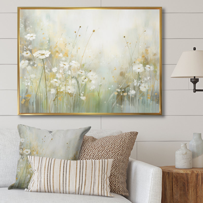 «Green Beige Serene Meadows II - Abstract Botanicals», art mural, Cadre flottant doré, H 30 po x l 40 po x P 1,5 po