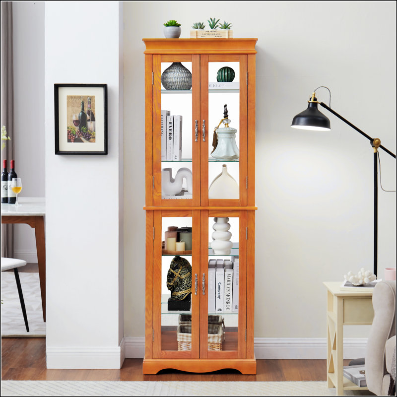 Lighted Glass Curio Display Cabinet, Oak