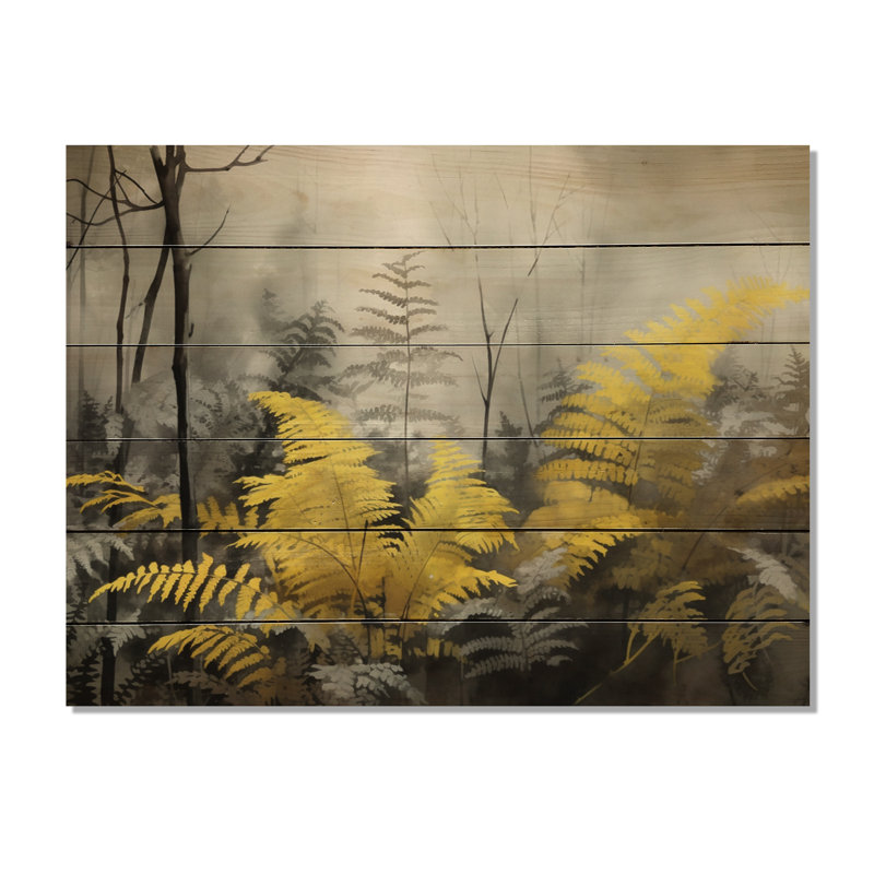 Fougère jaune gris rêve II sur bois, H 24 po x l 32 po x P 0,78 po