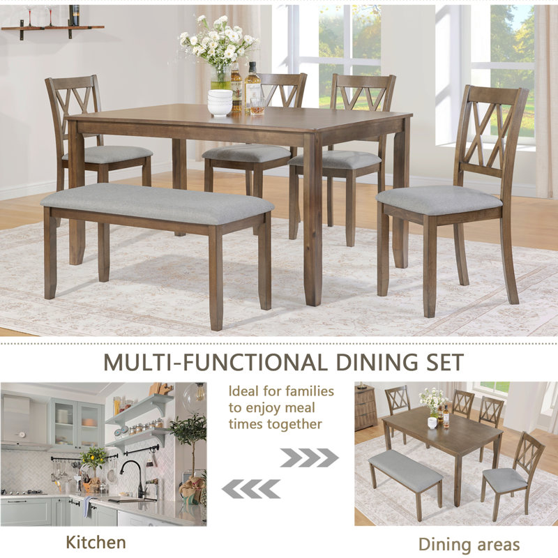 Ensemble de table de salle à manger 6 pièces rectangulaire en bois d'acacia, table de salle à manger élégante avec 4 chaises de coussin et 1 banc rembourré, ensemble de table moderne avec dossier en croix classique pour la salle à manger et la cuis