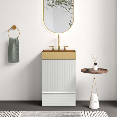 Meuble-lavabo rayé autoportant avec lavabo intégré en métal doré brossé pour salle de bain moderne, cuve en métal doré sans robinet, KD