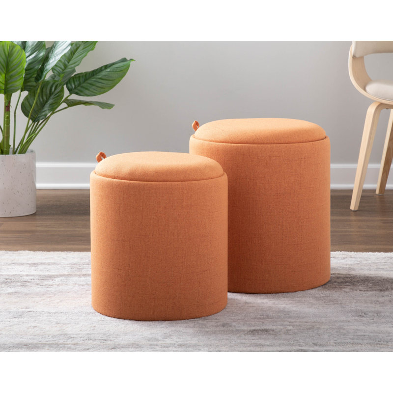 Alvena 15.5" Wide Round Storage Ottoman with Tray Tops, Orange
