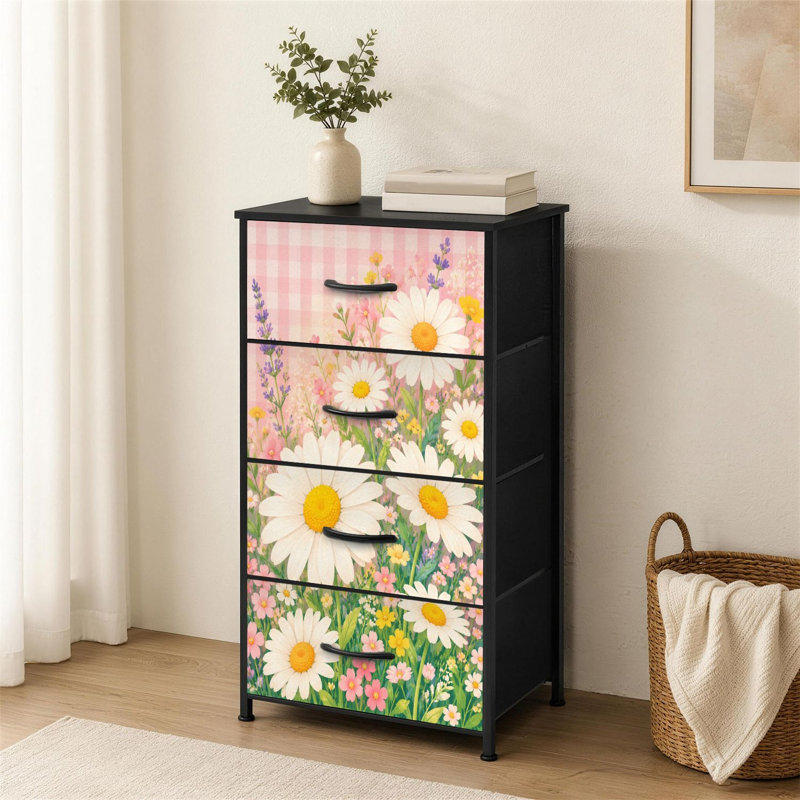 Petite commode à 4 tiroirs pour chambre à coucher avec commode à fleurs vichy rose et rose