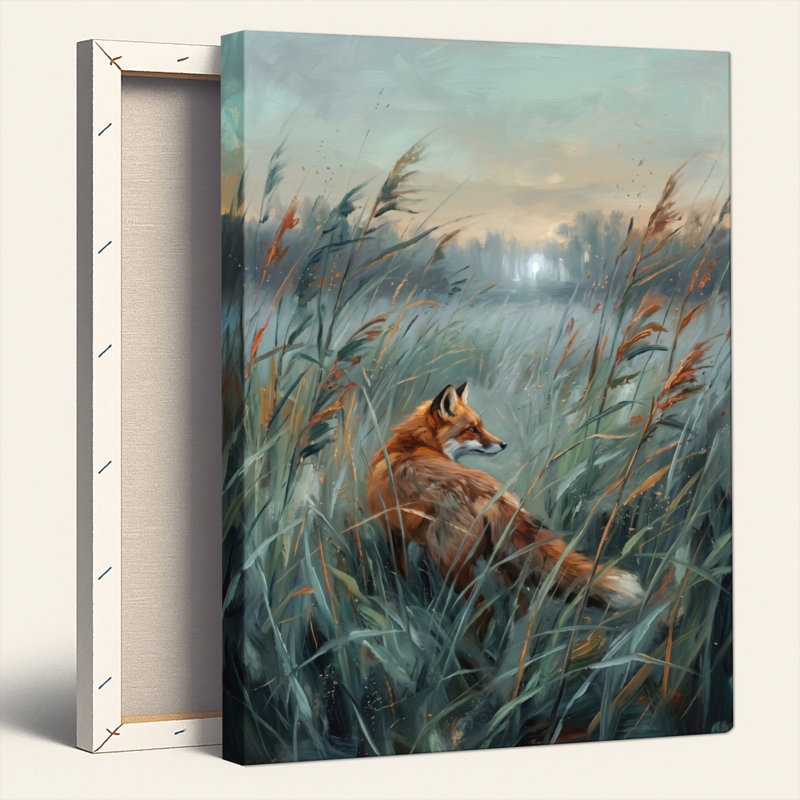 «Gallery Wrap», art mural sur toile pour le salon, la chambre à coucher, le bureau ou le vestibule - décoration murale décorative avec renard dans l'herbe