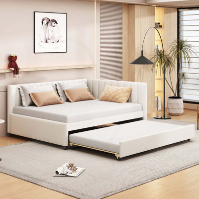 Linen Upholstered Daybed With Trundle, No Box Spring Needed