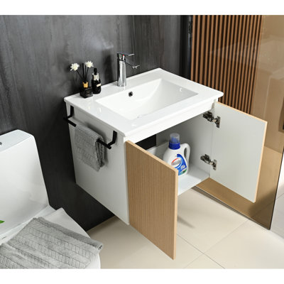 Meuble-lavabo de salle de bain 24 po avec armoire et porte-serviettes noir - style moderne, grand espace de rangement, espace intégré flottant de 24 po avec finition rouille, revêtement de film,
