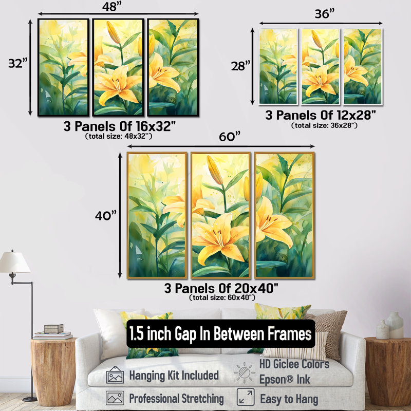 «Yellow Lillies Gardens In Meadow I», ensemble d'art mural lys, H 28 po x l 36 po, Reproduction avec cadre flottant, Noir