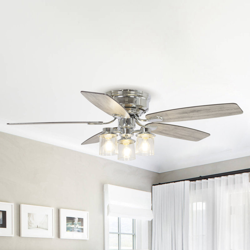Anfal Low Profile 52" 5 - Blade Flush Mount Indoor Ceiling Fan with Remote Control and Light Kit Included, Chrome
