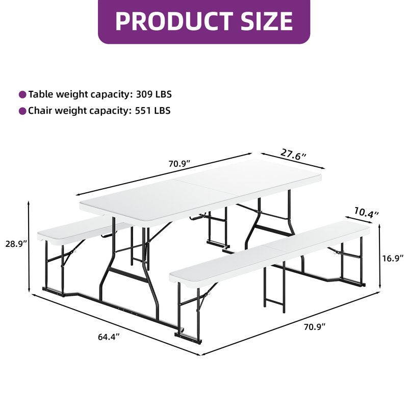 Ensemble de table de pique-nique 6/8 personnes, Blanc, H 29 po x L 71 po x l 29 po