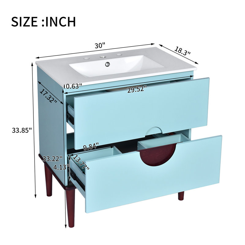 Ensemble de meuble-lavabo 30 po avec lavabo en céramique, armoire de rangement moderne à 2 tiroirs avec cadre en bois massif
