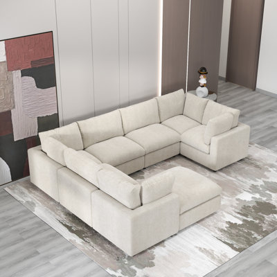Kessi 8-Piece Upholstered Modern Chenille Fabric Modular Sectional Sofa With Ottoman