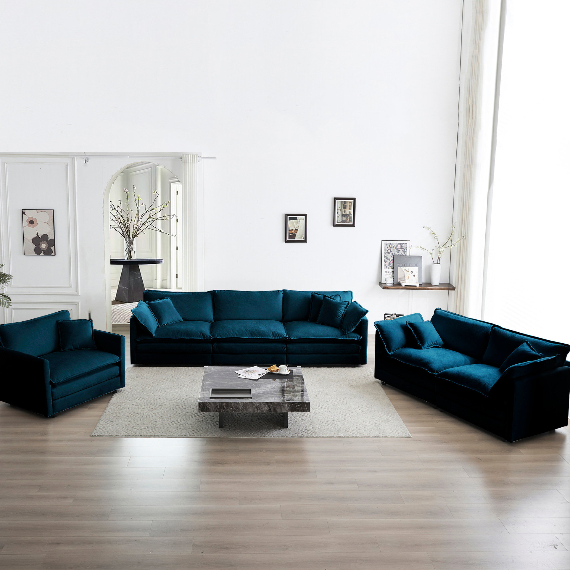 Latitude Run® 3 Piece Blue Chenille Living Room , Extra Deep Seat ...