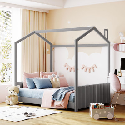 Lit double en velours pour enfants, structure en bois de pin, conception de maisonnette, mobilier de chambre à coucher moderne