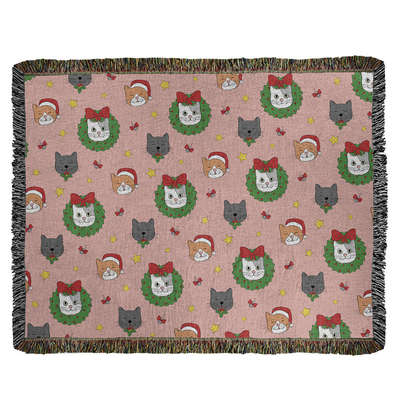 Hand Woven Throw Blanket, 60" W x 80" L, Pink/Gray, Christmas Cats