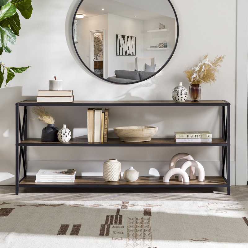 Bibliothèque étagère en métal H 26 po x l 40 po Eulas, Chêne rustique, 26 po H x 60 po L x 16 po P