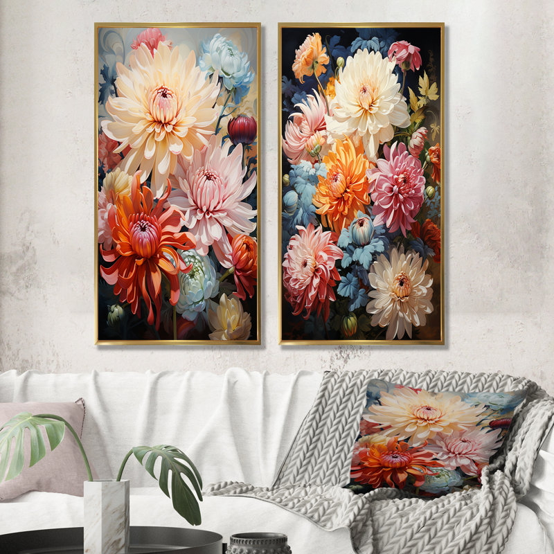 «Mums Organic Flow Curved Stems» - ensemble d'art mural sur toile Mums, Encadrement doré, H 28 po x l 25 po