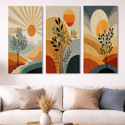 Orange and Black Boho Desert Retreat – Abstract Botanical Metal Wall Decor Print Set of 3