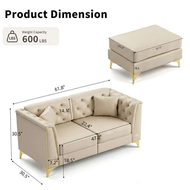 Canapé Chesterfield modulaire avec capitonnage à boutons et accoudoirs à garniture en métal, comprend 6 coussins, Beige+White