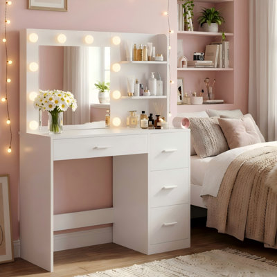 Borko Makeup Vanity With Lights,Vanity desk with Mirror and Power Outlet,Dresser Table with Drawers and Open Shelves