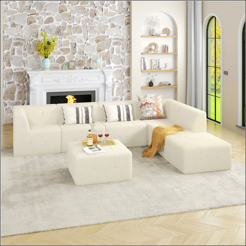 Canapé modulaire Vasya, Velours côtelé beige, H 29,92 po x l 130,32 po x P 98,23 po