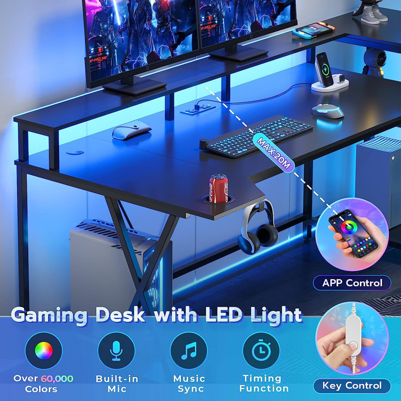 Cavit L-Shaped Metal Base Computer Desk with Power Outlet, Black