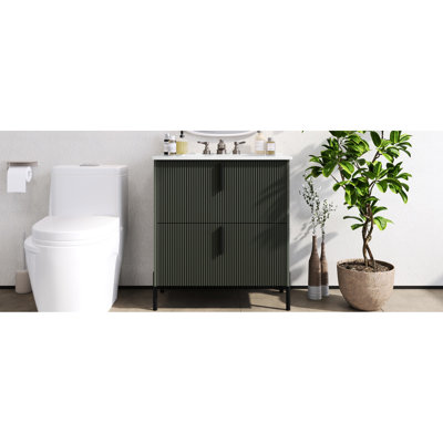 30" Bathroom Vanity With Built - In Ceramic Sink, Fluted Style, Soft Close Drawer Mechanism, Spacious Drawers, 8.27" Leg For Clear Floor , , Slides, Full Extension Functionality, 5.8" Comfortable Use