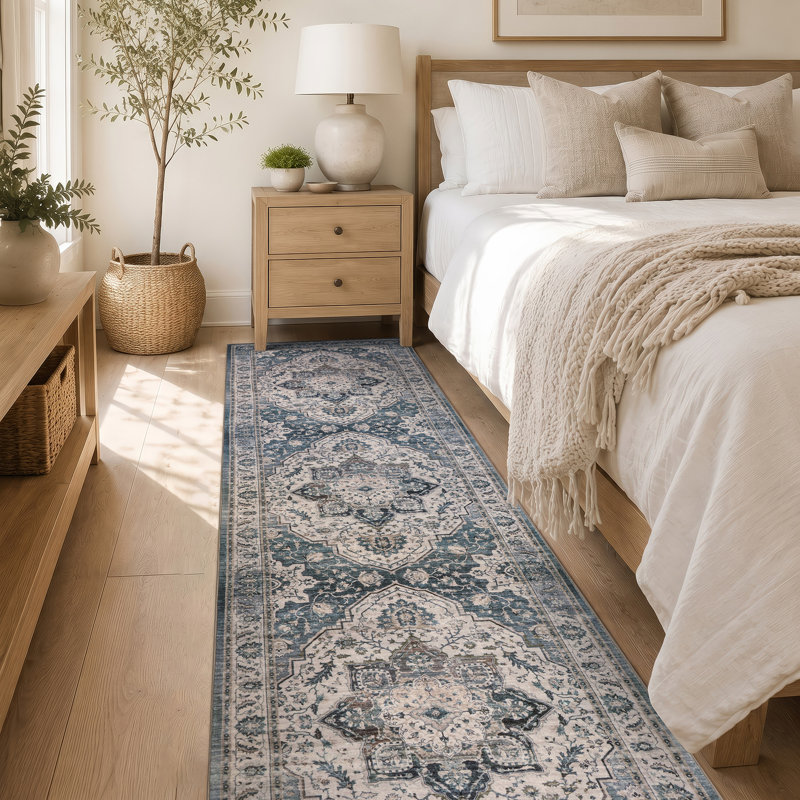 Tapis bleu marine antidérapant rétro, 2 pi x 12 pi