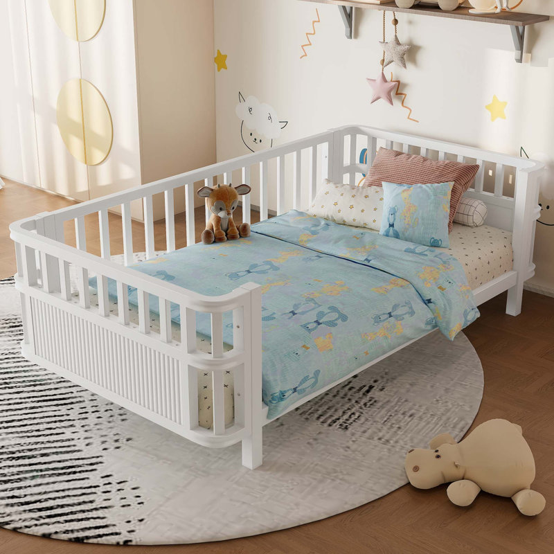 Lit plateforme double en bois avec garde-corps, lit double en fer avec garde-corps, Twin, White