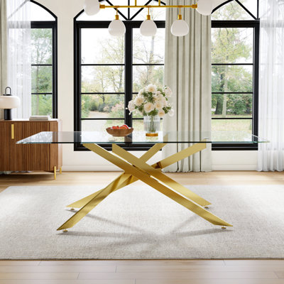 78.7" Modern Dining Table Set For 8, 12Mm Tempered Glass Table With 8 Faux Leather Upholstered Chairs, Stainless Steel Cross Legs