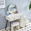 Fluted Makeup Vanity Desk With Round LED  Mirror And Lights, Modern Glass Top Big Vanity Table With 4 Drawers & Adjustable Shelves, Dressing Table Set  With Stools Table With Movable Side Table