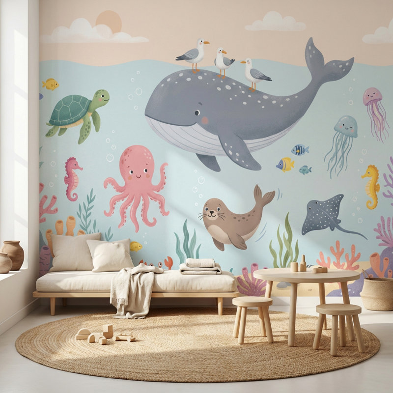 Murale sous-marine de créatures sous-marines, 160 po x 108 po, Peler et coller
