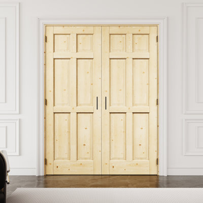 64" x 80" 6-Panel Pine Wood Interior French Door with Black Hardware & Ball Catch & Handle, Natural Pine Wood, Paintable & Waterproof, Suit for Laundry, Closet Doors, Room Doors, Assembly Required