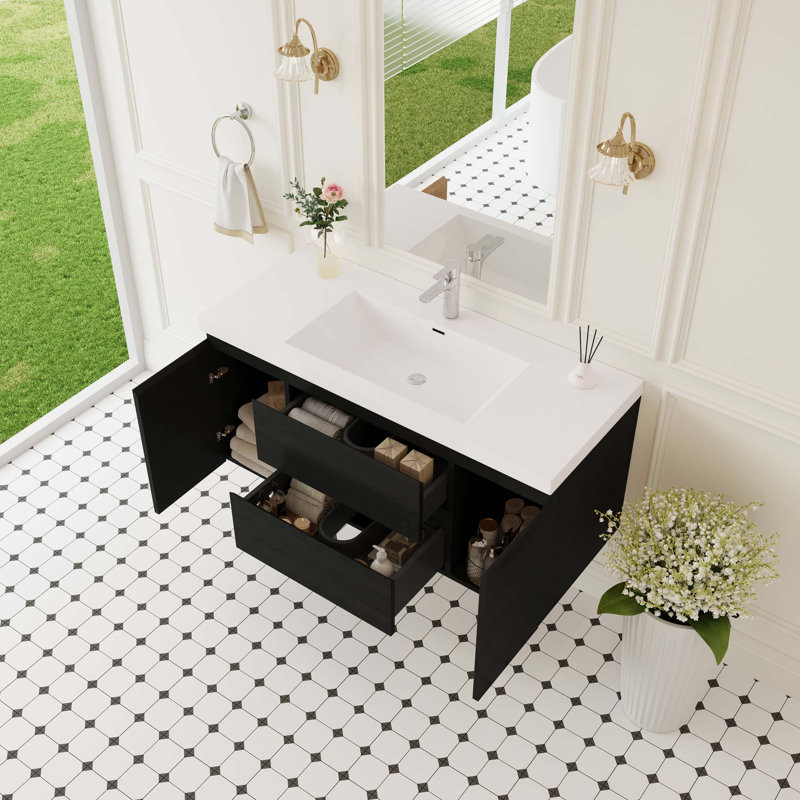 Meuble-lavabo flottant avec lavabo intégré et rangement à fermeture en douceur, Espresso