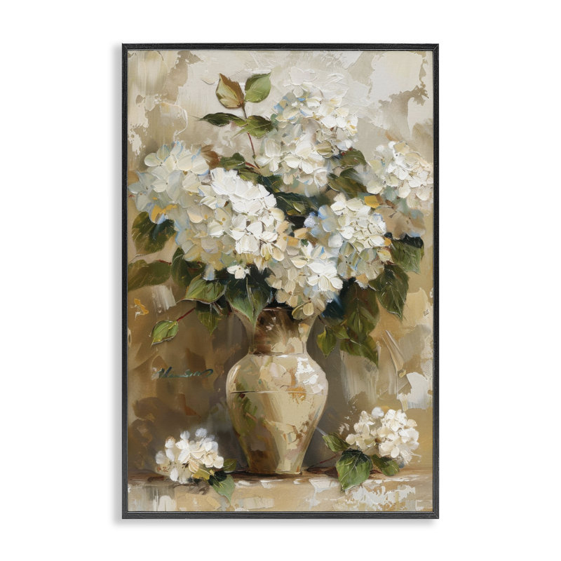Rétro hortensias blancs encadrés, art giclée par LSR Design Studio, H 18 po x l 12 po, Giclée encadrée noir minuit