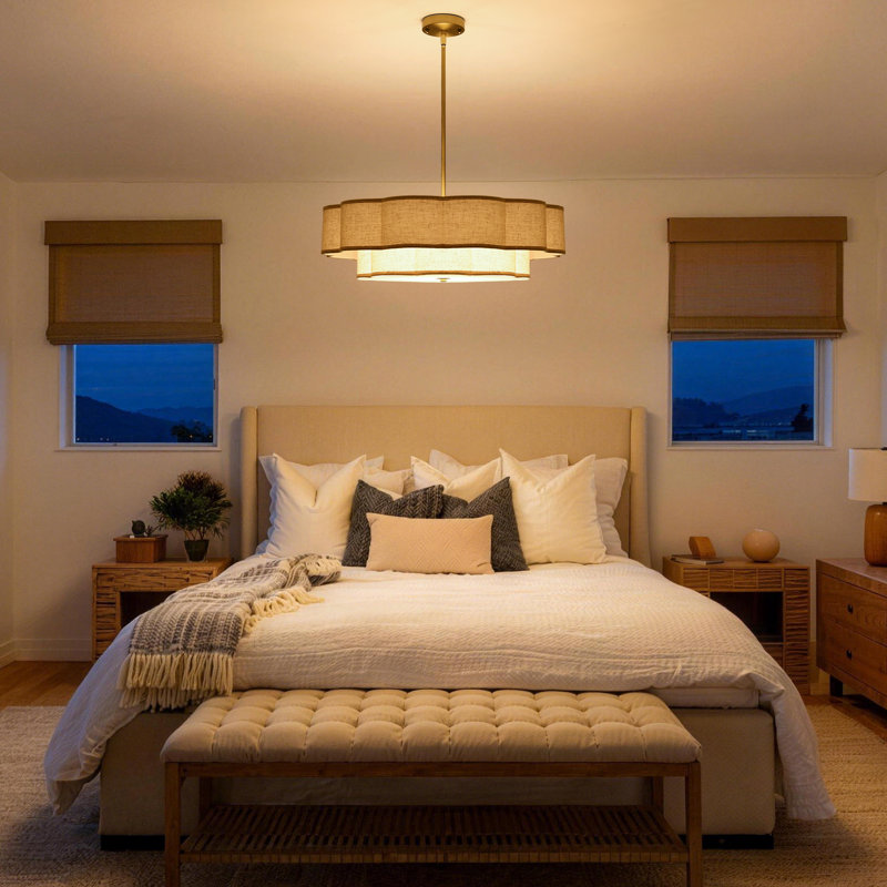 Lustre tambour moderne 5 lumières 25,6 "avec abat-jour en forme de pétale pour chambre d'enfant, L 25,6 po x H 57,48 po, 5