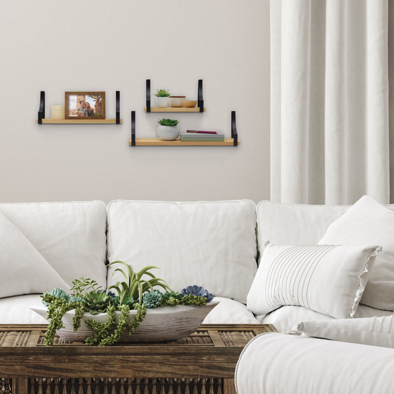 MELANNCO 3 Pieces Floating Wall, Wood and Curve Metal Shelves, Natural