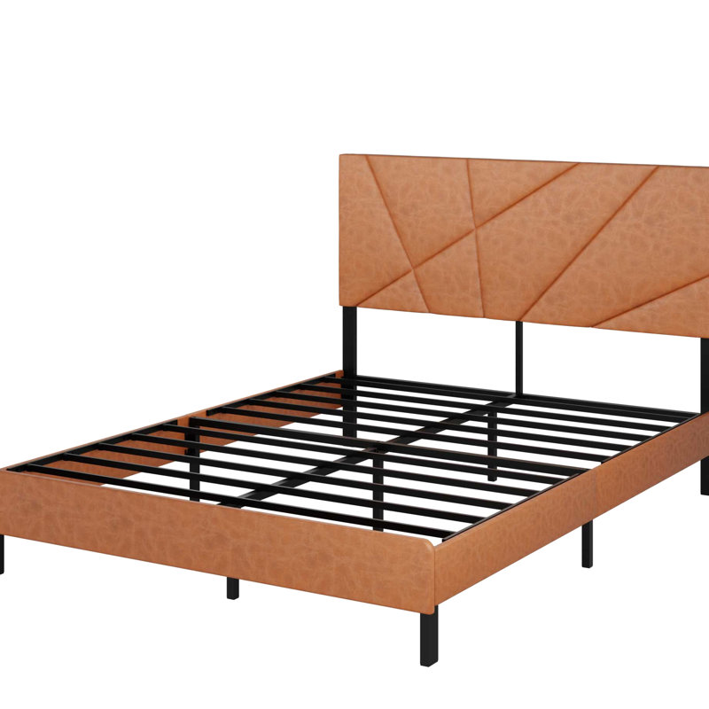 Base de lit tapissier grand antique brun, plateforme en métal avec rangement inférieur, assemblage rapide et facile, structure de soutien du poids en brun rétro, matelas carré sans ressorts, solide