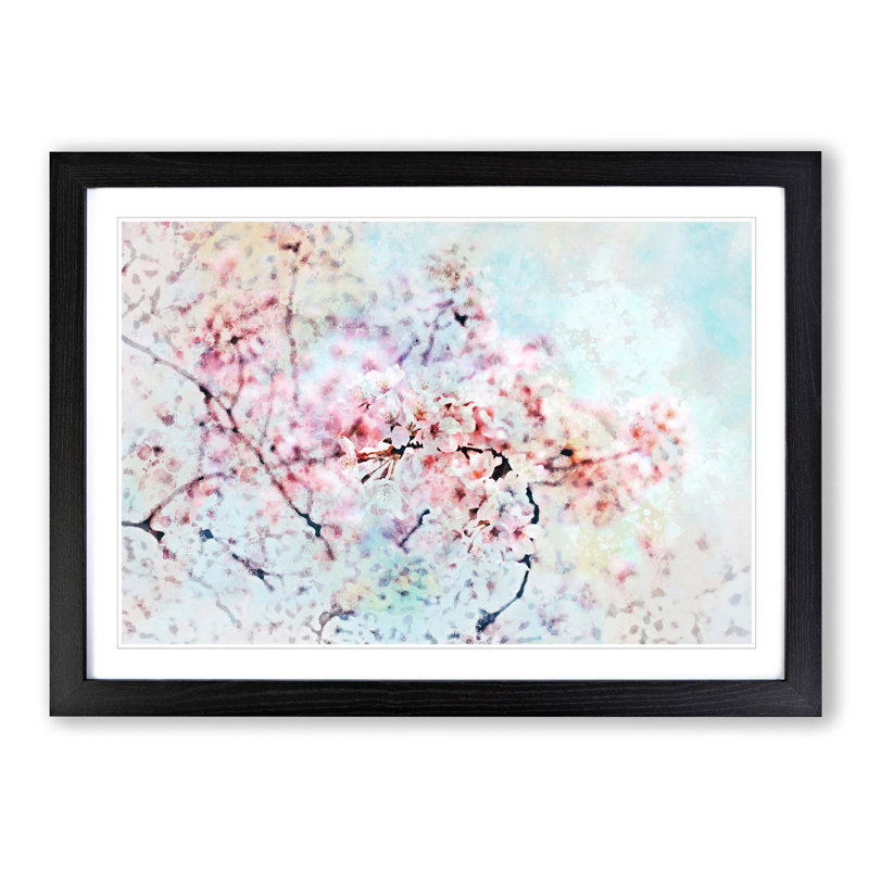Japanese Cherry Tree in Pink in Abstract - Picture Frame Graphic Art Print on MDF, 62cm H x 87cm W x 2cm D, Black Framed