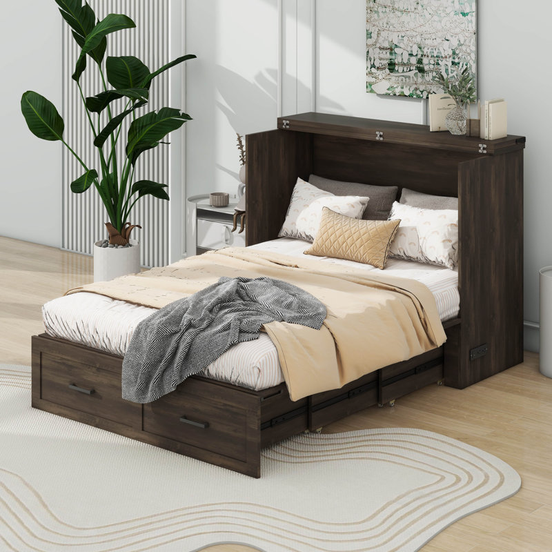 Armoire lit escamotable avec tiroir de rangement et station de charge Murphy, Gris rustique, Double